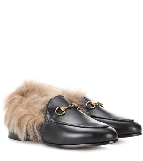 gucci womens black leather loafers|Gucci fur lined loafer.